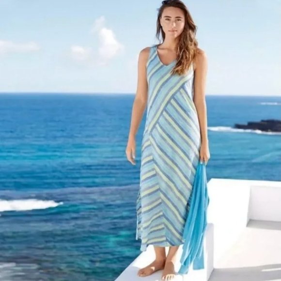 J. Jill Linen Sleeveless Blue Green Striped Lotus Dress - Picture 1 of 16